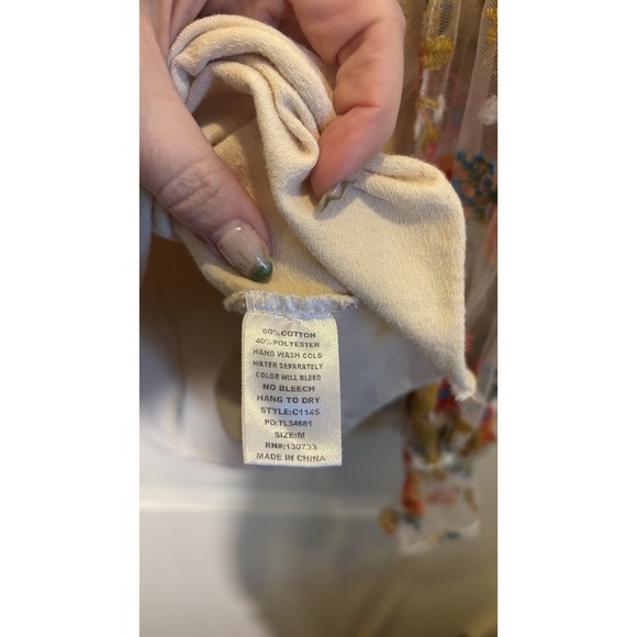 Umgee Women's Ivory Floral Embroidered Sheer Puff Long Sleeve Top Size Medium - Picture 8 of 8